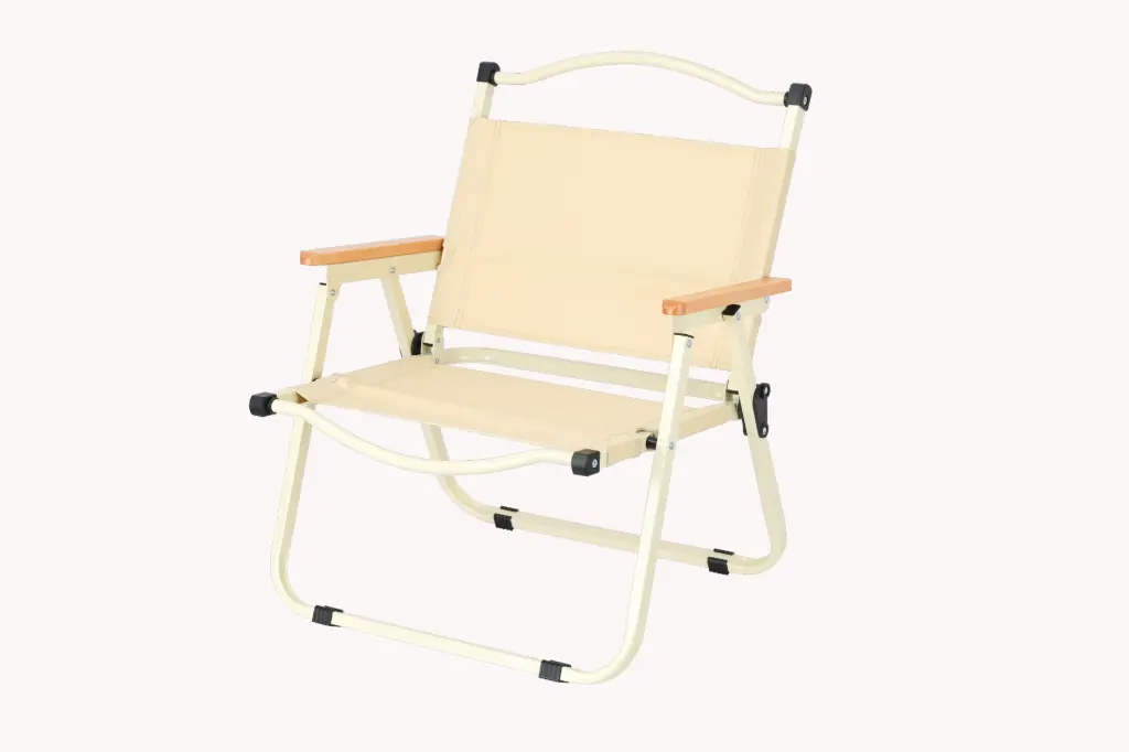FOLDING STEEL CHAIR WITH WOOD-ARM, BEIGE