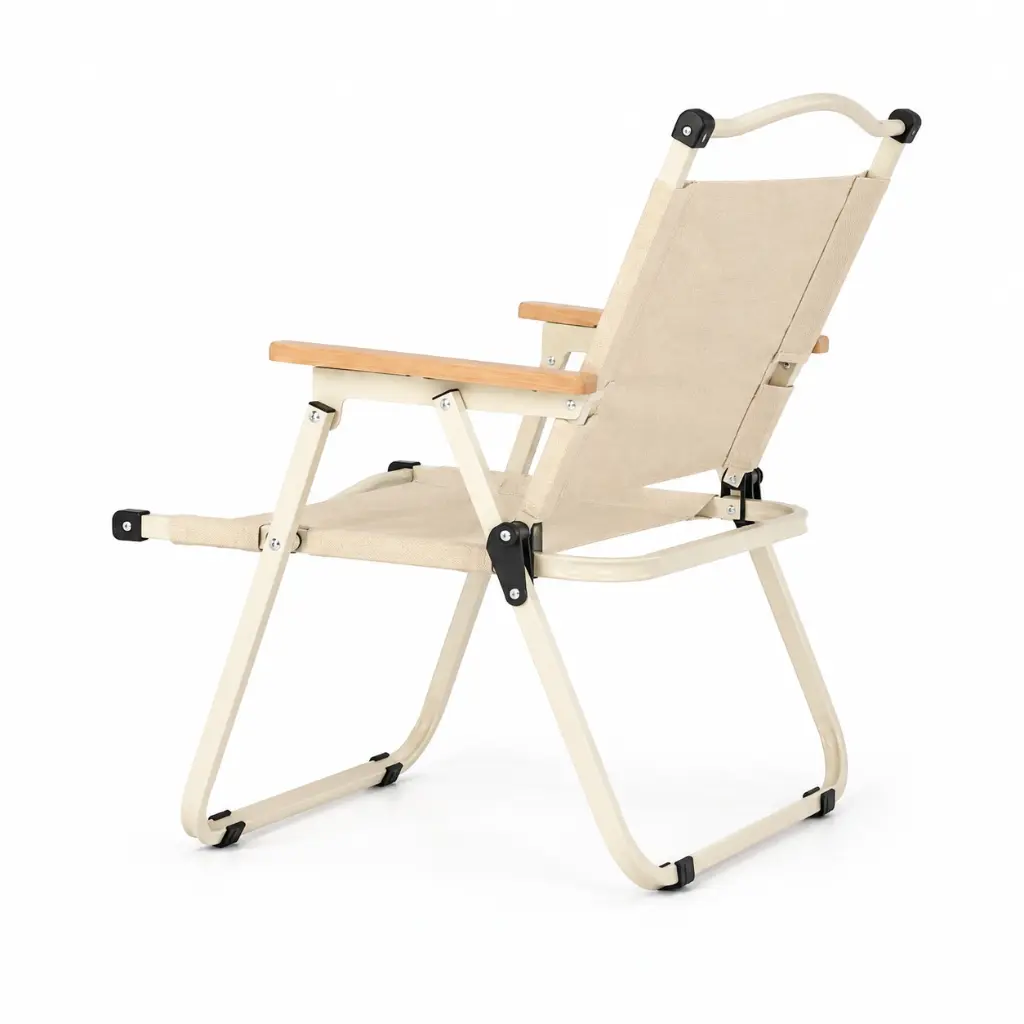 FOLDING STEEL CHAIR WITH WOOD-ARM, BEIGE