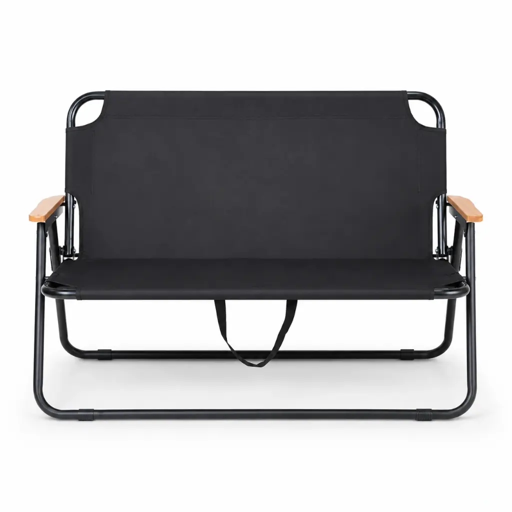 2-Seater Folding Chair with Wooden Armrests - Black