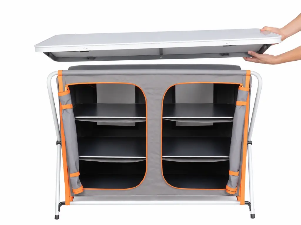Double Camping Cabinet with 3 Shelves and Top Table