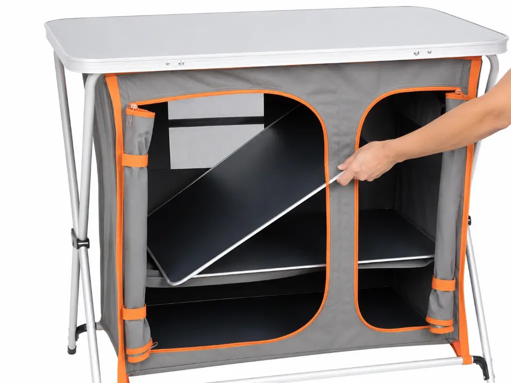 Double Camping Cabinet with 3 Shelves and Top Table